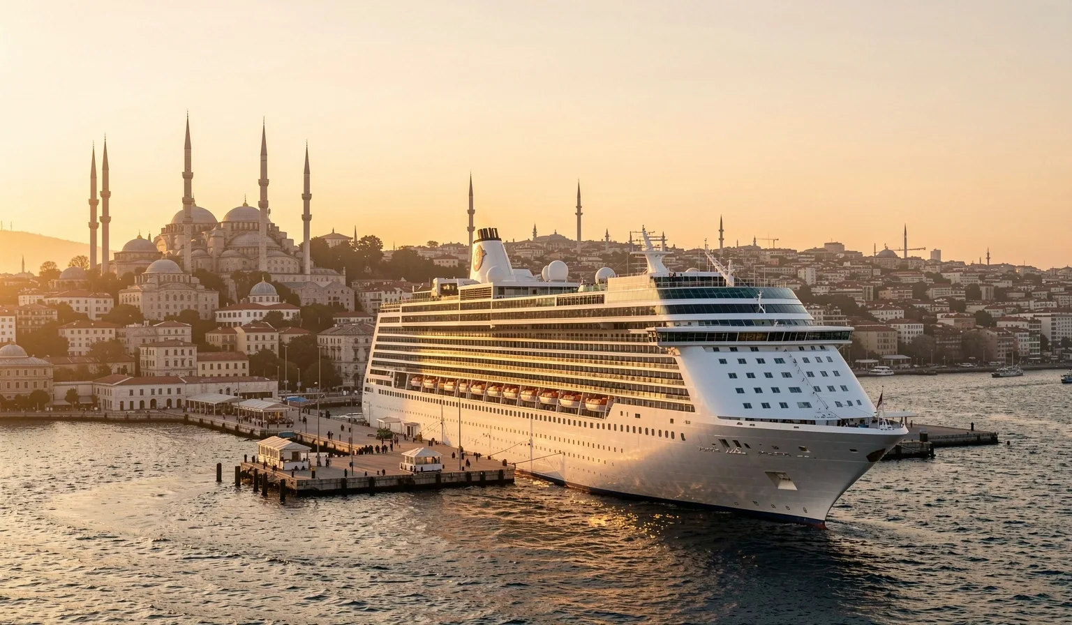 İstanbul limanında demirlemiş kruvaziyer gemisi ve tarihi yarımadanın manzarası